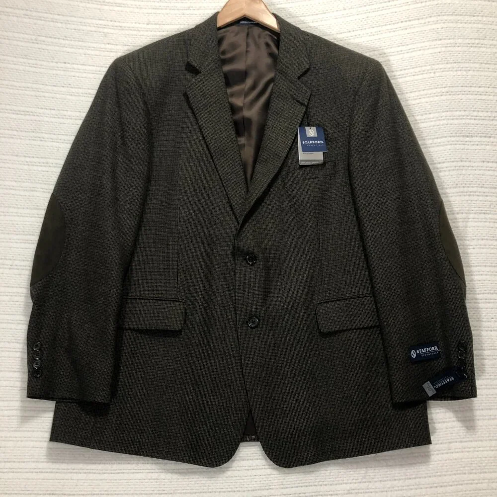 NWT Stafford Essentials Black Olive Check Classic Fit‎ Men's Size 46R